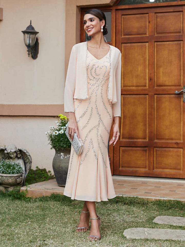 Sheath/Column V-Neck 3/4 Sleeves Long Evening Dresses with Sequins &amp; Jacket