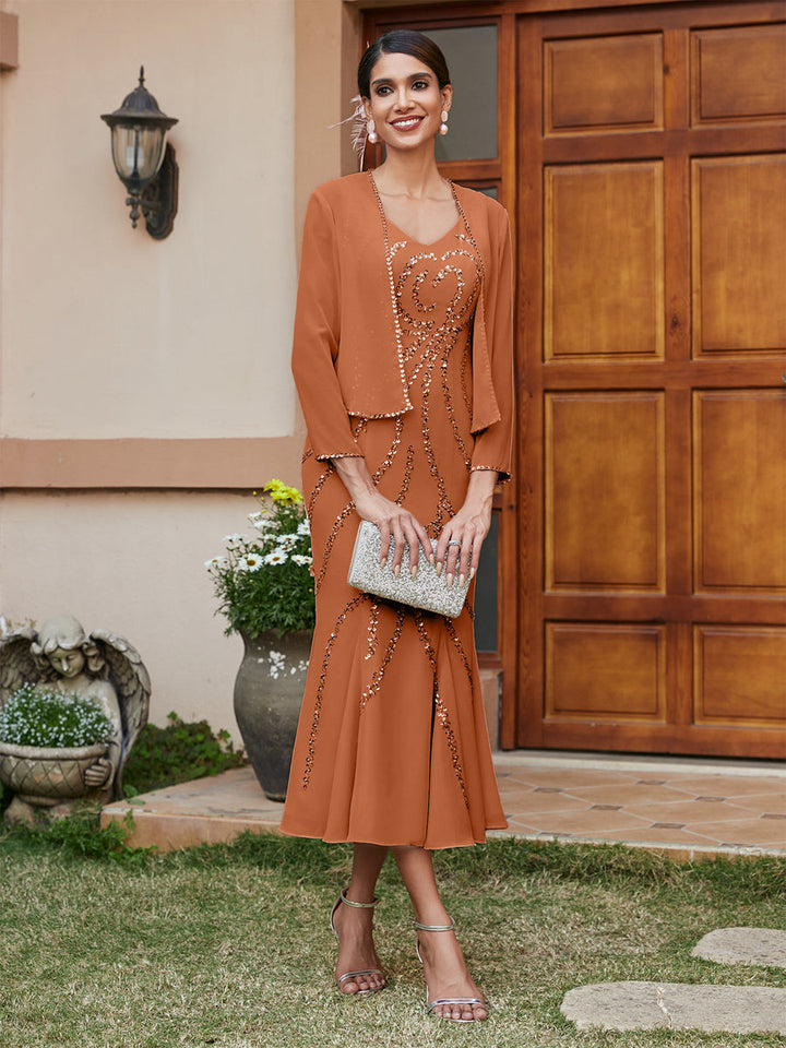 Sheath/Column V-Neck 3/4 Sleeves Long Evening Dresses with Sequins &amp; Jacket