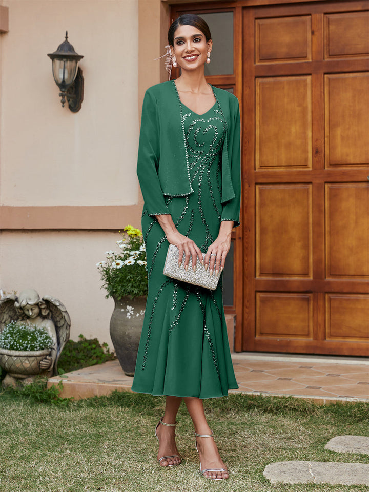 Sheath/Column V-Neck 3/4 Sleeves Long Evening Dresses with Sequins &amp; Jacket