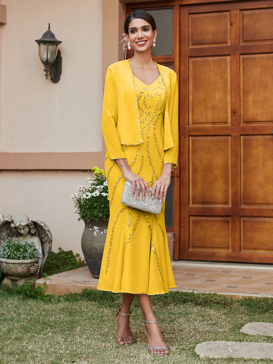 Sheath/Column V-Neck 3/4 Sleeves Long Evening Dresses with Sequins &amp; Jacket