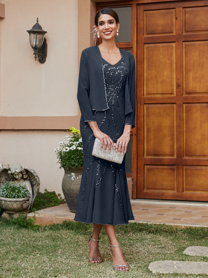 Sheath/Column V-Neck 3/4 Sleeves Long Evening Dresses with Sequins &amp; Jacket