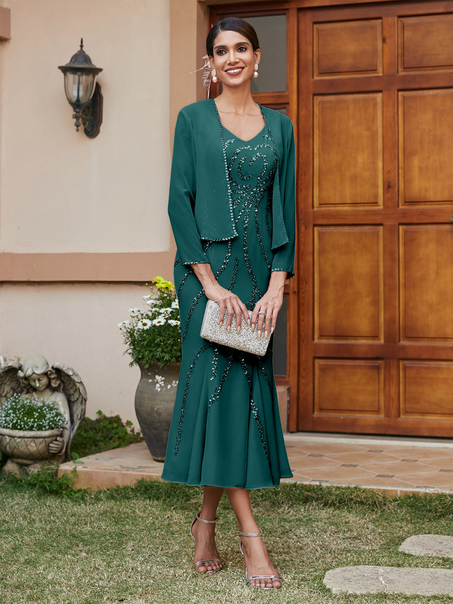 Sheath/Column V-Neck 3/4 Sleeves Long Evening Dresses with Sequins &amp; Jacket