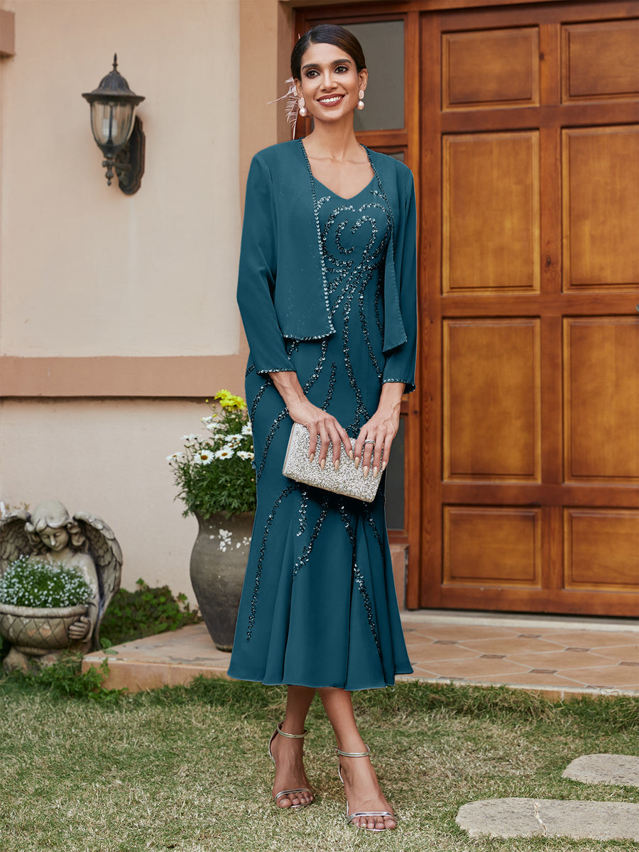 Sheath/Column V-Neck 3/4 Sleeves Long Evening Dresses with Sequins &amp; Jacket