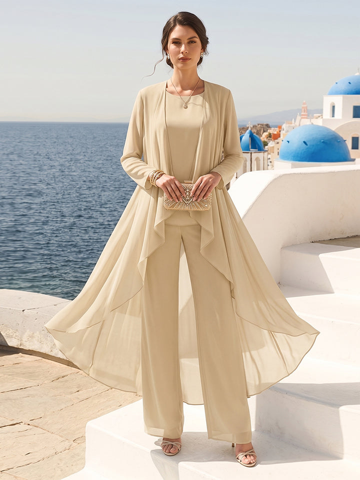 Chiffon Scoop Long Sleeves 3 Pieces Pantsuits with Jacket