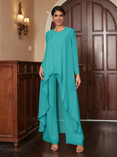 Chiffon Scoop Long Sleeves 3 Pieces Pantsuits with Jacket