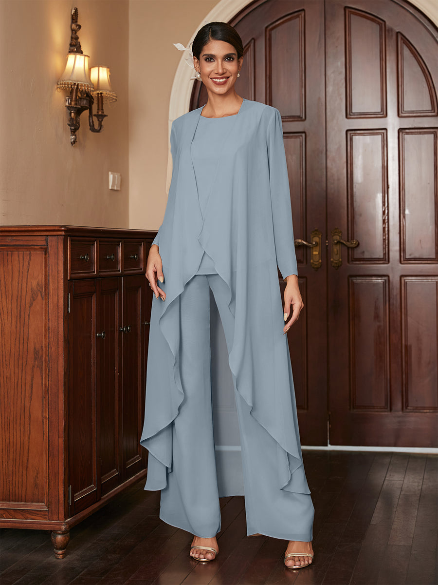 Chiffon Scoop Long Sleeves 3 Pieces Pantsuits with Jacket