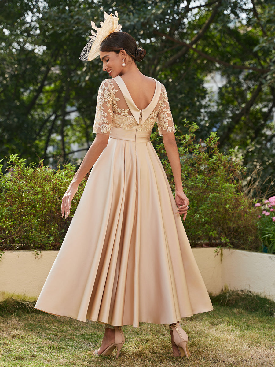 Lavetir 2026 Scoop Half Sleeves Ankle-length Mother of the Bride Dresses Long Evening Gowns for Women with Appliques Mint Green