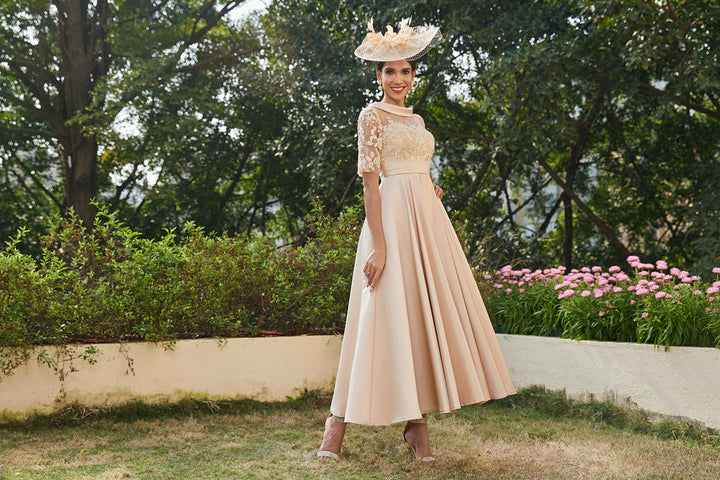 A-Line/Princess Scoop Half Sleeves Ankle-Length Long Evening Dresses with Appliques