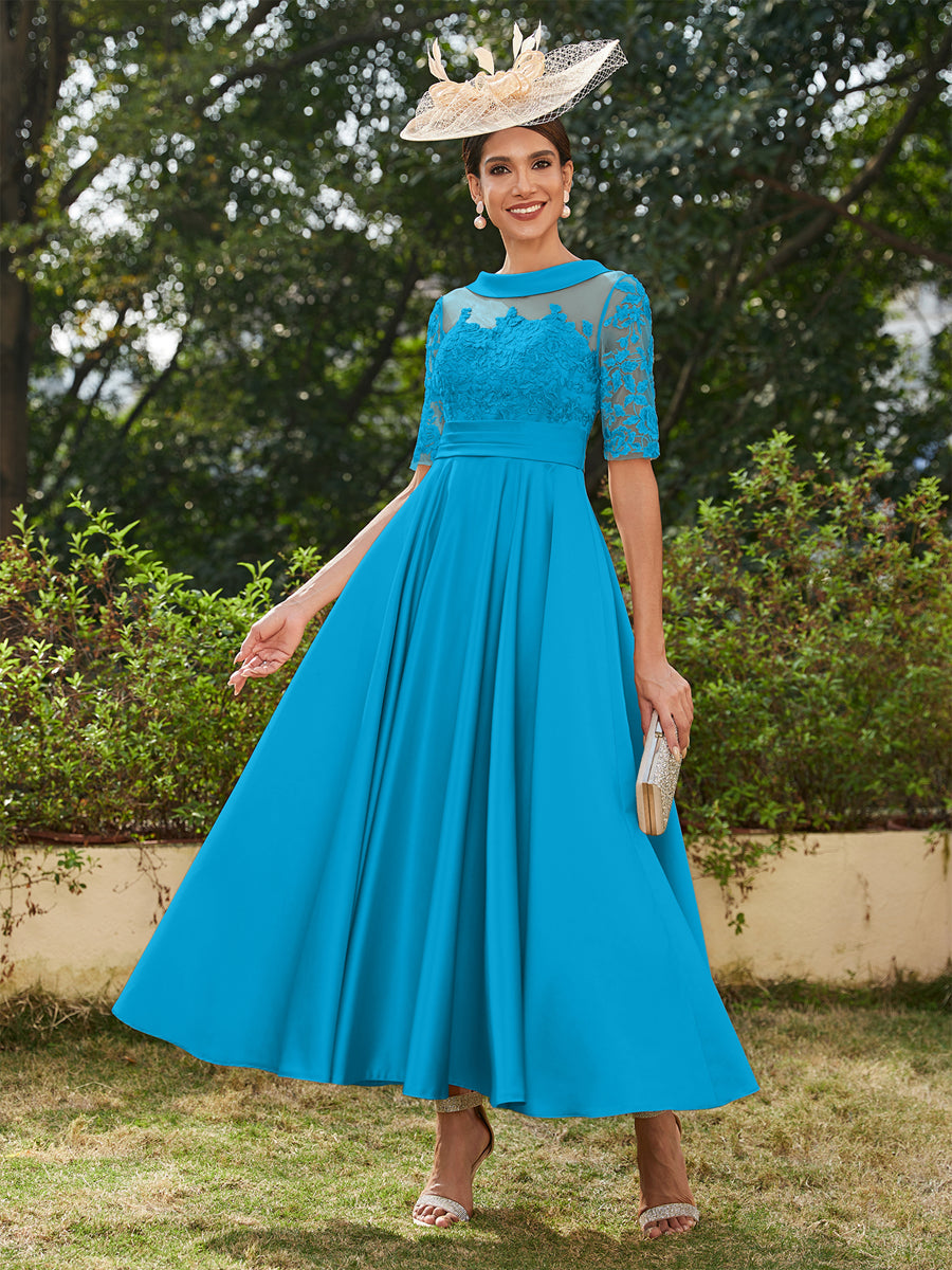 Lavetir 2026 Scoop Half Sleeves Ankle-length Mother of the Bride Dresses Long Evening Gowns for Women with Appliques Ocean Blue