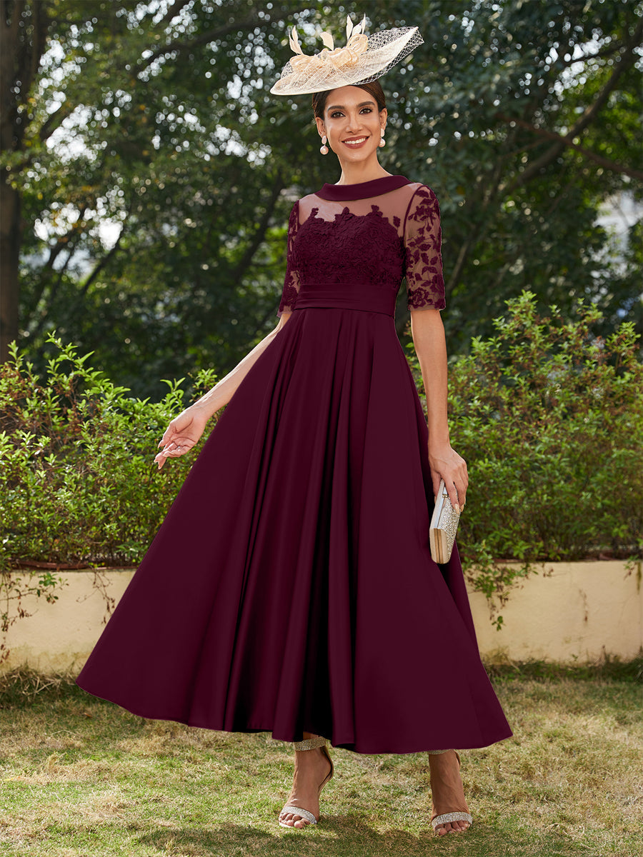 Lavetir 2026 Scoop Half Sleeves Ankle-length Mother of the Bride Dresses Long Evening Gowns for Women with Appliques Burgundy