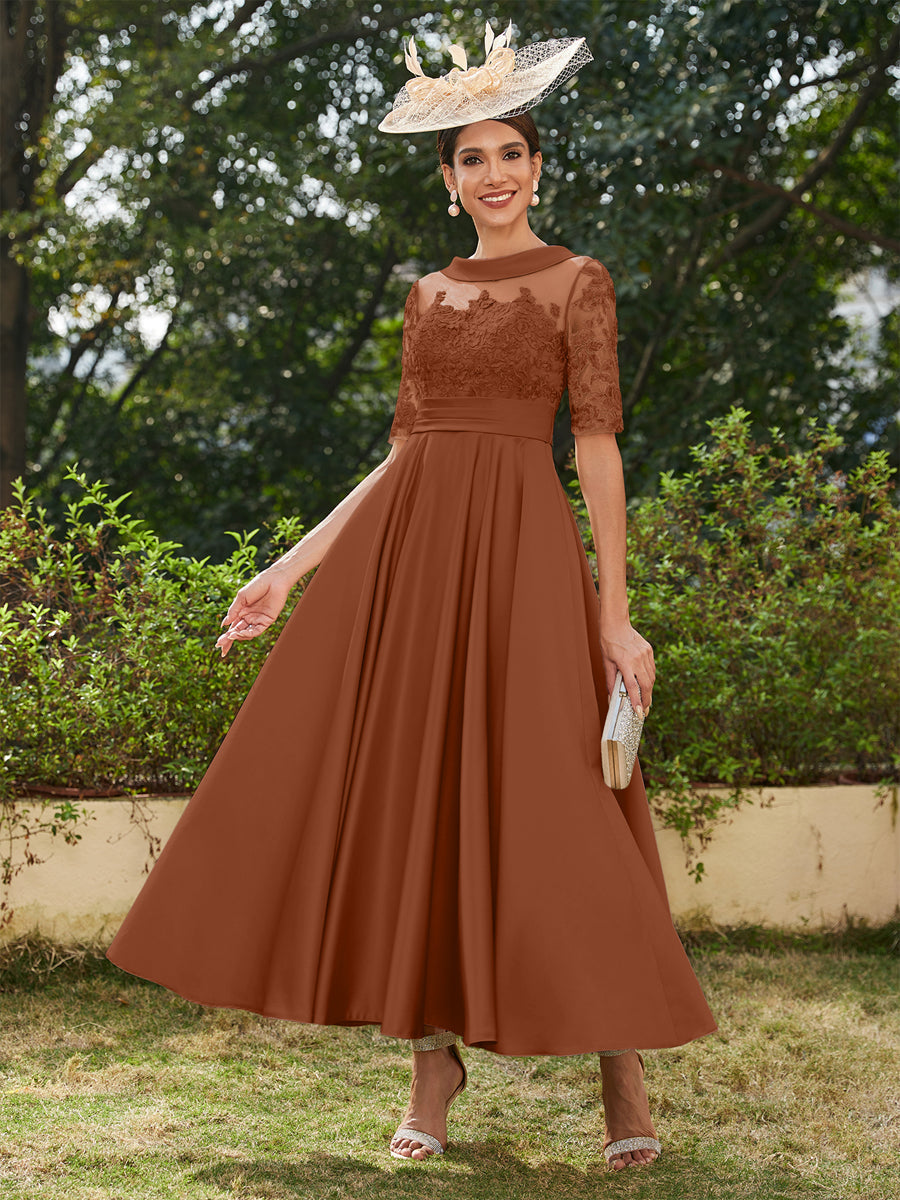 Lavetir 2026 Scoop Half Sleeves Ankle-length Mother of the Bride Dresses Long Evening Gowns for Women with Appliques Burnt Orange