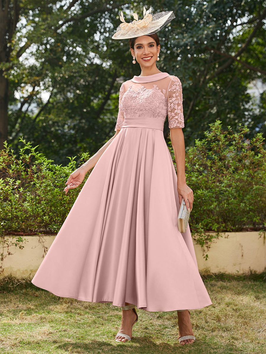 Lavetir 2026 Scoop Half Sleeves Ankle-length Mother of the Bride Dresses Long Evening Gowns for Women with Appliques Mint Green