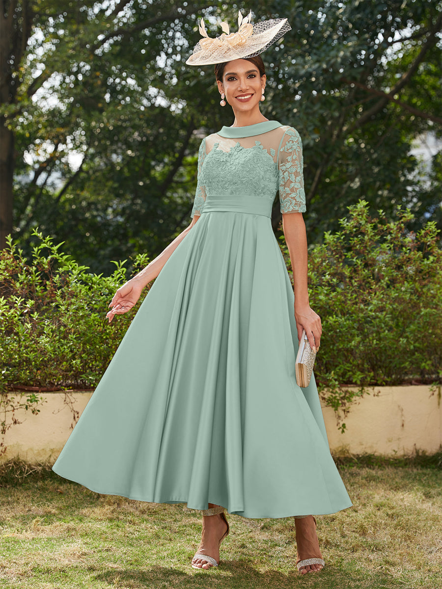 Lavetir 2026 Scoop Half Sleeves Ankle-length Mother of the Bride Dresses Long Evening Gowns for Women with Appliques Mint Green