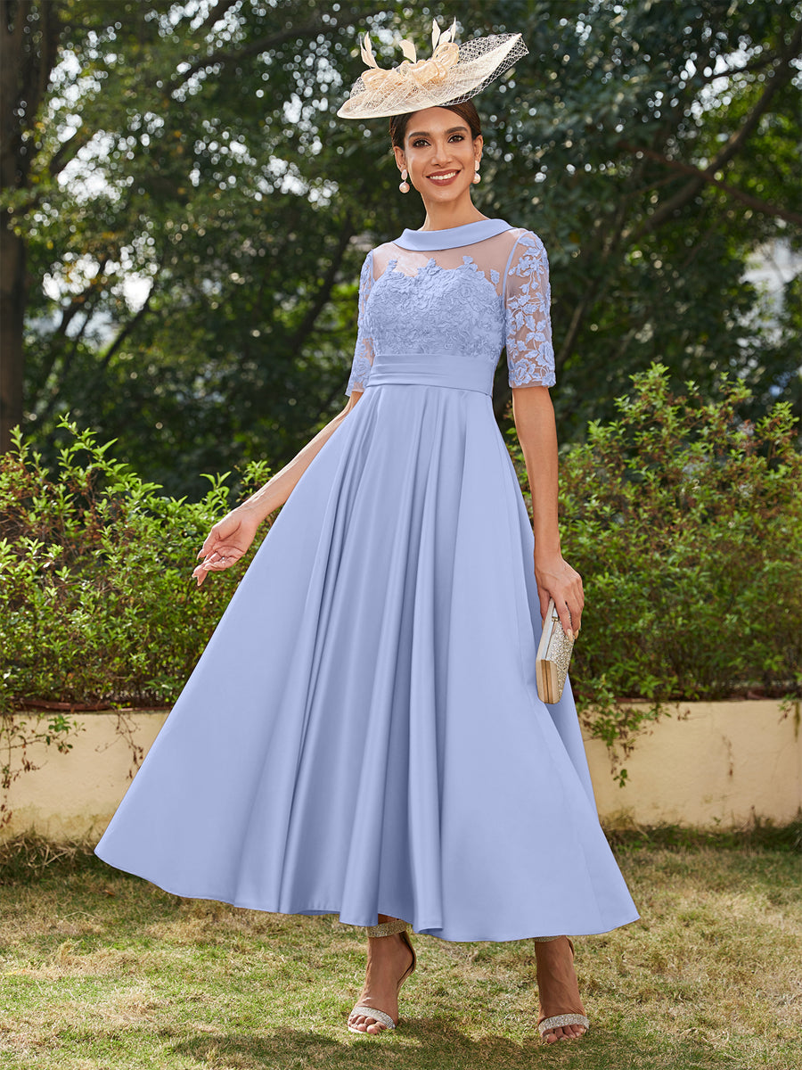 Lavetir 2026 Scoop Half Sleeves Ankle-length Mother of the Bride Dresses Long Evening Gowns for Women with Appliques Sky Blue
