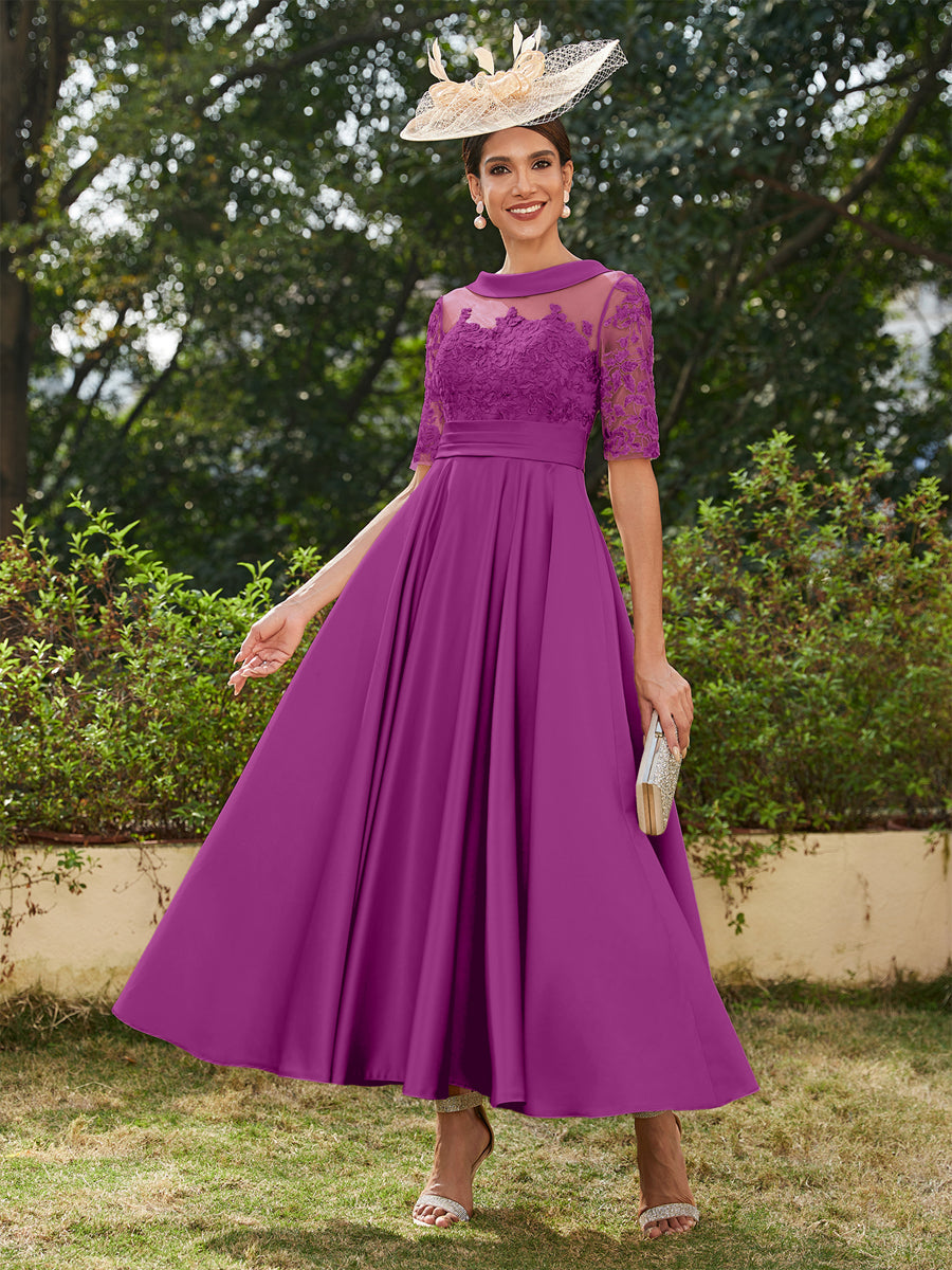 A-Line/Princess Scoop Half Sleeves Ankle-Length Long Evening Dresses with Appliques