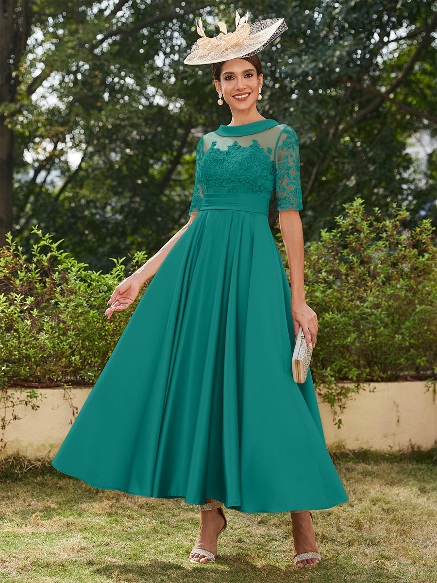 Lavetir 2026 Scoop Half Sleeves Ankle-length Mother of the Bride Dresses Long Evening Gowns for Women with Appliques Ocean Blue