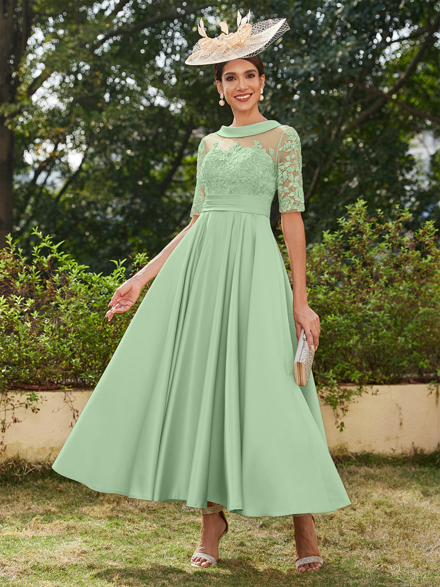 Lavetir 2026 Scoop Half Sleeves Ankle-length Mother of the Bride Dresses Long Evening Gowns for Women with Appliques Mint Green
