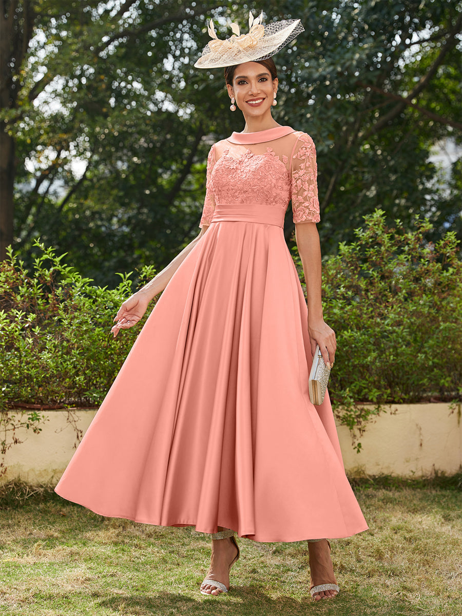 Lavetir 2026 Scoop Half Sleeves Ankle-length Mother of the Bride Dresses Long Evening Gowns for Women with Appliques Mint Green