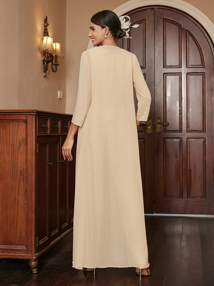 Chiffon Scoop 3/4 Sleeves 3 Pieces Pantsuits with Sequins &amp; Jacket