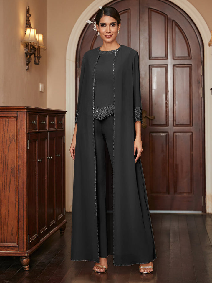 Chiffon Scoop 3/4 Sleeves 3 Pieces Pantsuits with Sequins &amp; Jacket