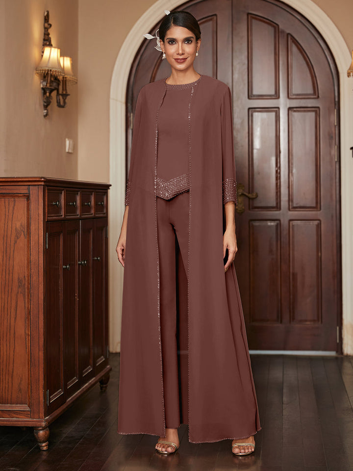 Chiffon Scoop 3/4 Sleeves 3 Pieces Pantsuits with Sequins &amp; Jacket