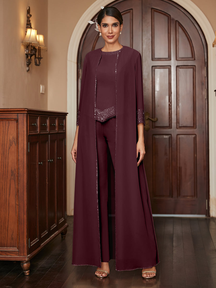 Chiffon Scoop 3/4 Sleeves 3 Pieces Pantsuits with Sequins &amp; Jacket