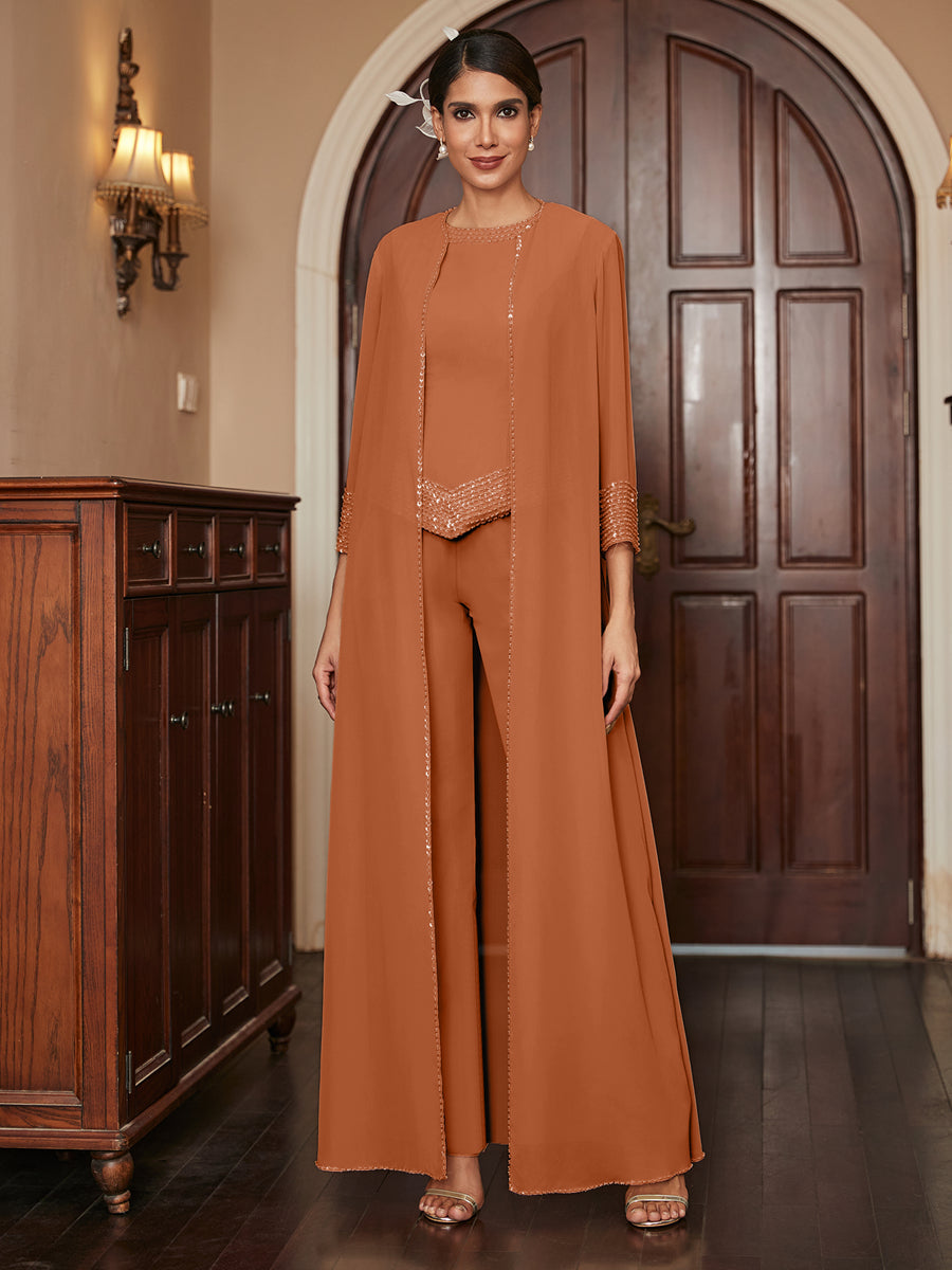 Chiffon Scoop 3/4 Sleeves 3 Pieces Pantsuits with Sequins &amp; Jacket