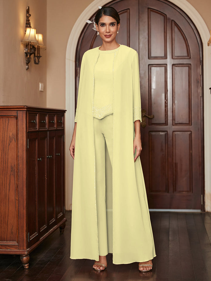 Chiffon Scoop 3/4 Sleeves 3 Pieces Pantsuits with Sequins &amp; Jacket