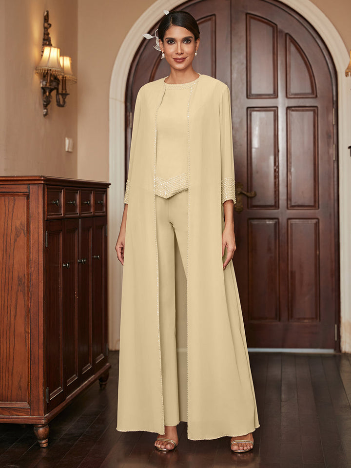 Chiffon Scoop 3/4 Sleeves 3 Pieces Pantsuits with Sequins &amp; Jacket