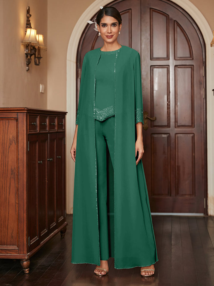Chiffon Scoop 3/4 Sleeves 3 Pieces Pantsuits with Sequins &amp; Jacket