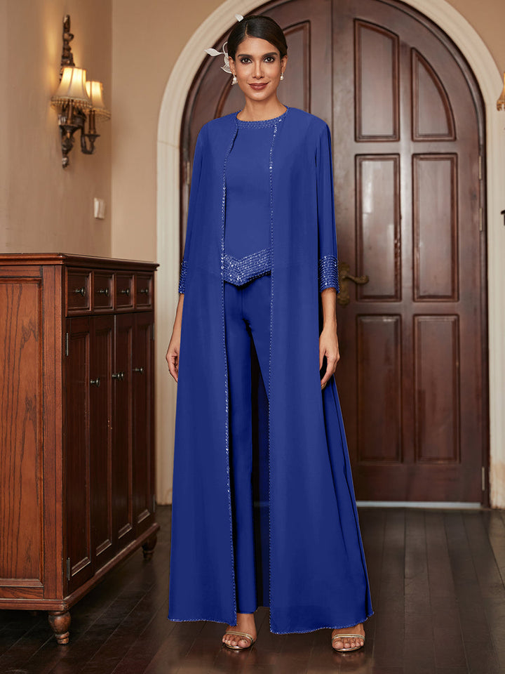 Chiffon Scoop 3/4 Sleeves 3 Pieces Pantsuits with Sequins &amp; Jacket