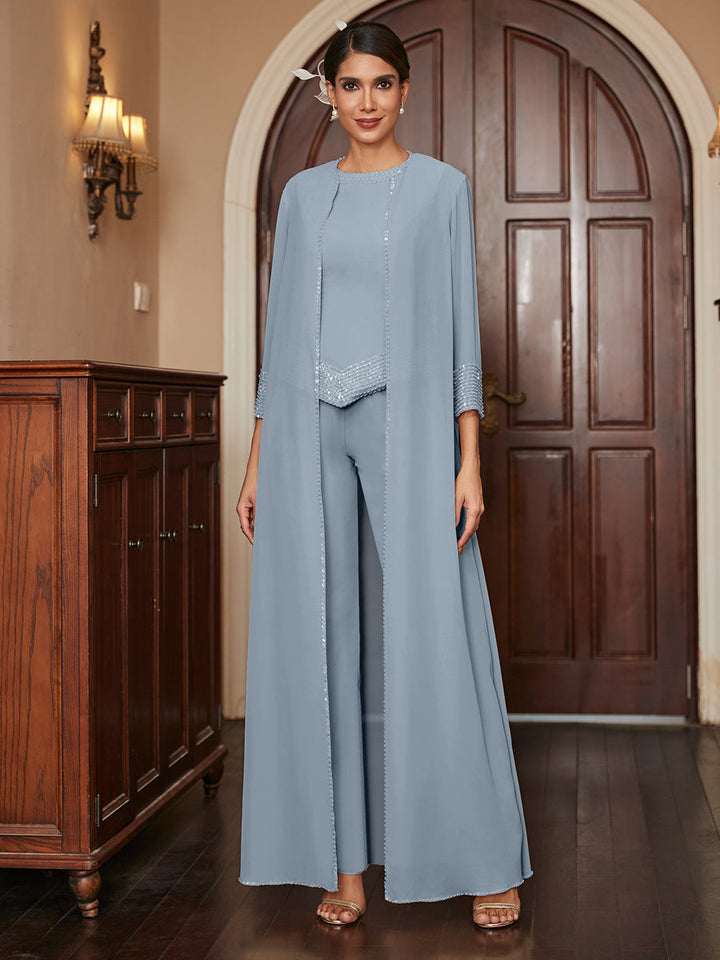 Chiffon Scoop 3/4 Sleeves 3 Pieces Pantsuits with Sequins &amp; Jacket