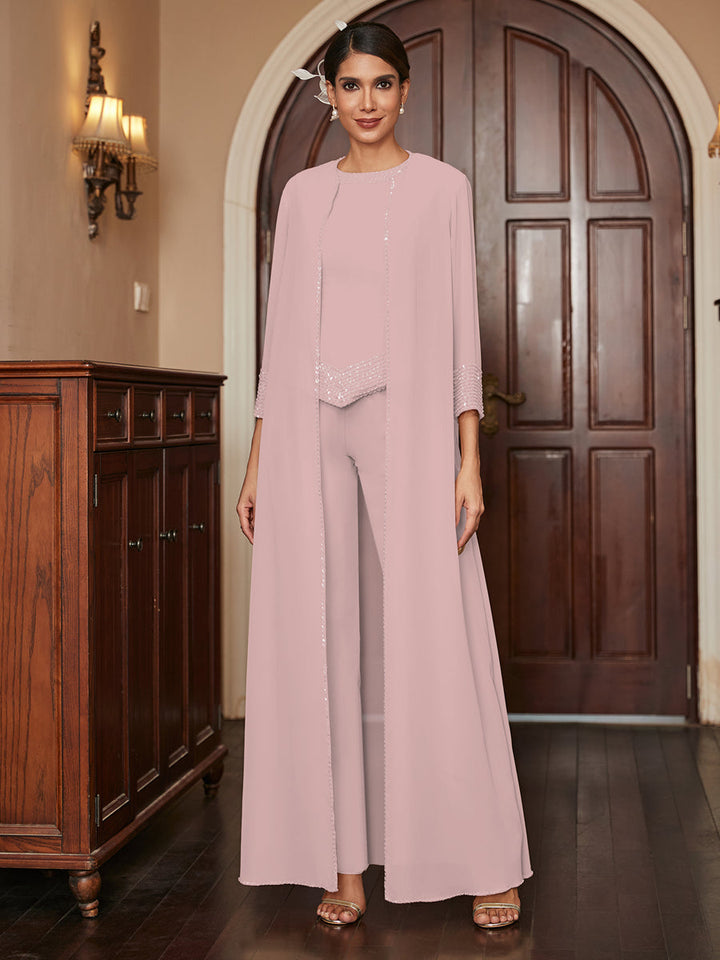 Chiffon Scoop 3/4 Sleeves 3 Pieces Pantsuits with Sequins &amp; Jacket