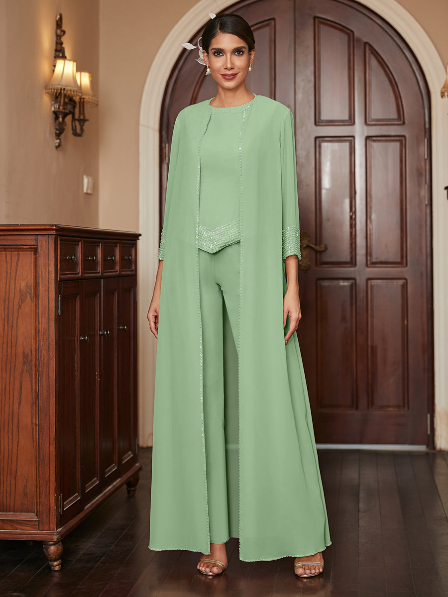 Chiffon Scoop 3/4 Sleeves 3 Pieces Pantsuits with Sequins &amp; Jacket