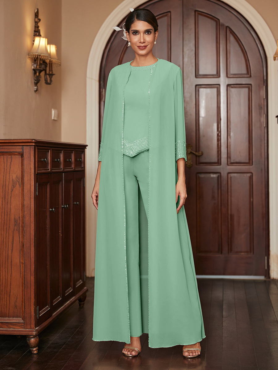 Chiffon Scoop 3/4 Sleeves 3 Pieces Pantsuits with Sequins &amp; Jacket