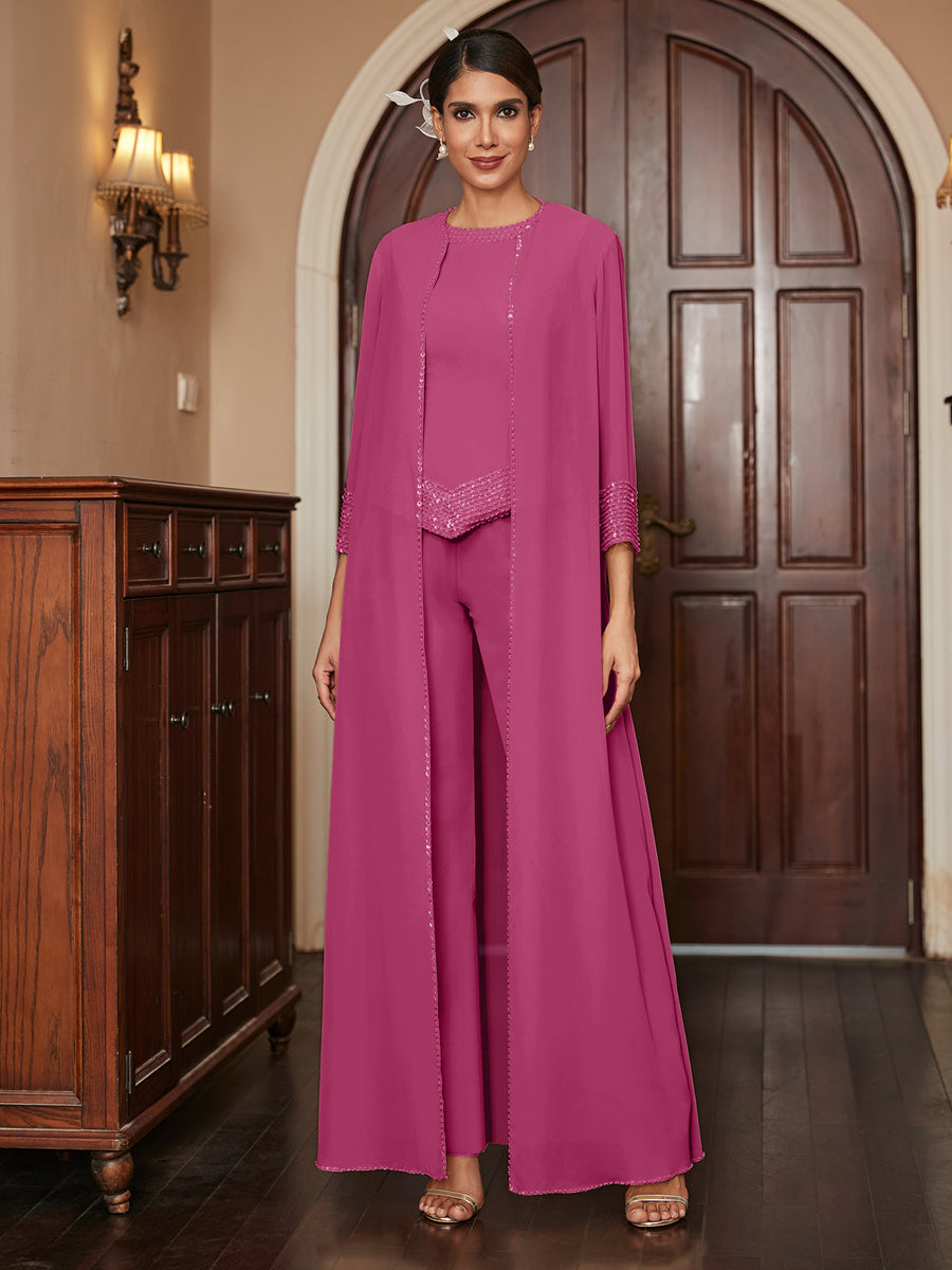 Chiffon Scoop 3/4 Sleeves 3 Pieces Pantsuits with Sequins &amp; Jacket