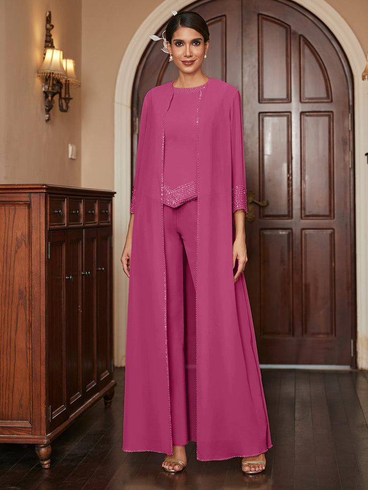Chiffon Scoop 3/4 Sleeves 3 Pieces Pantsuits with Sequins &amp; Jacket