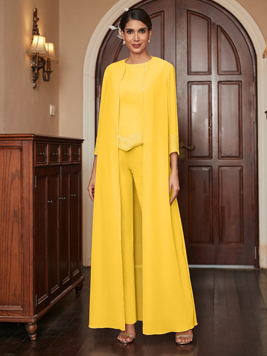 Chiffon Scoop 3/4 Sleeves 3 Pieces Pantsuits with Sequins &amp; Jacket