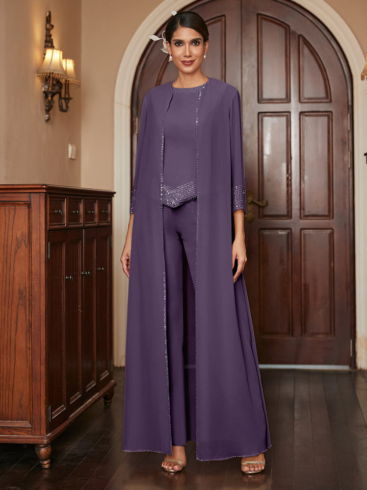 Chiffon Scoop 3/4 Sleeves 3 Pieces Pantsuits with Sequins &amp; Jacket