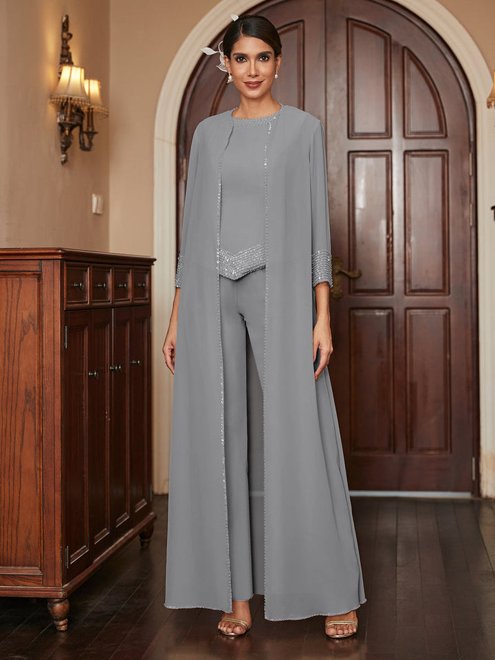 Chiffon Scoop 3/4 Sleeves 3 Pieces Pantsuits with Sequins &amp; Jacket