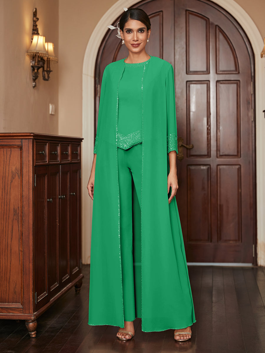 Chiffon Scoop 3/4 Sleeves 3 Pieces Pantsuits with Sequins & Jacket