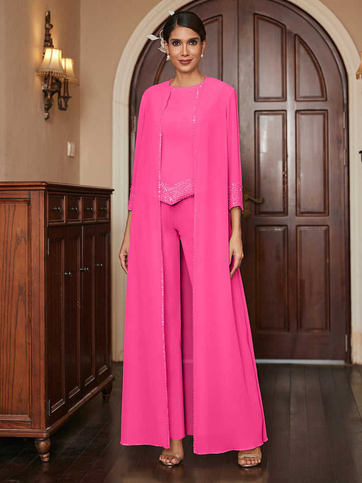 Chiffon Scoop 3/4 Sleeves 3 Pieces Pantsuits with Sequins &amp; Jacket