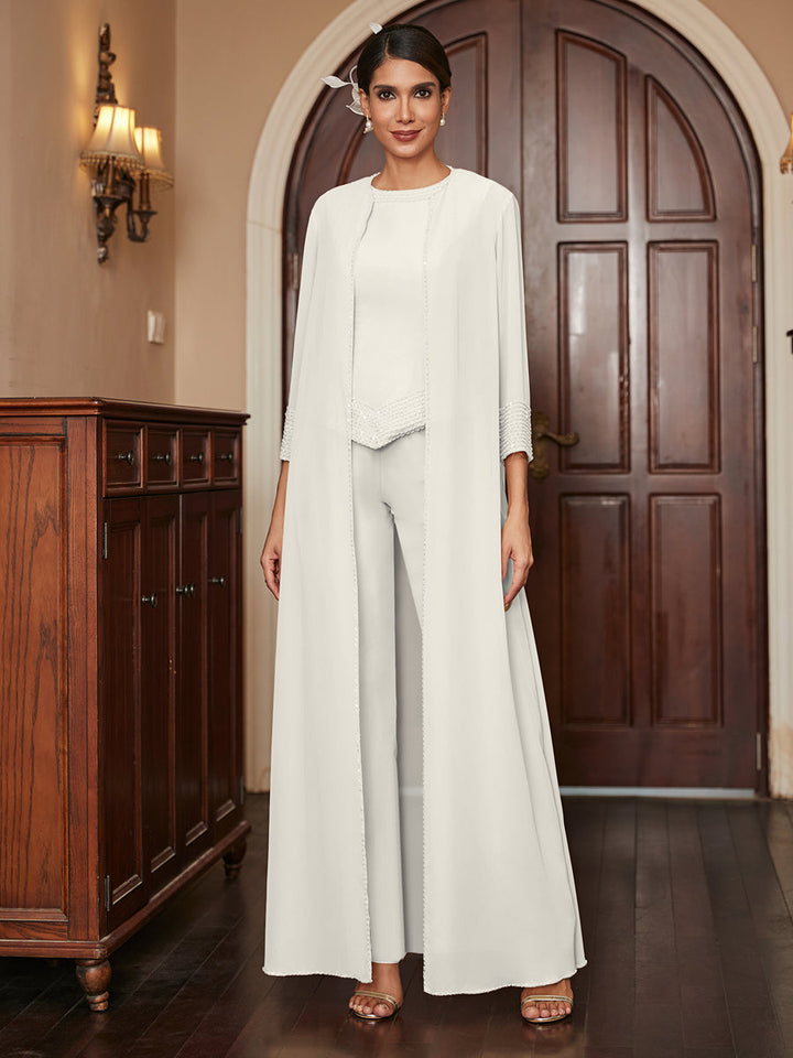 Chiffon Scoop 3/4 Sleeves 3 Pieces Pantsuits with Sequins &amp; Jacket