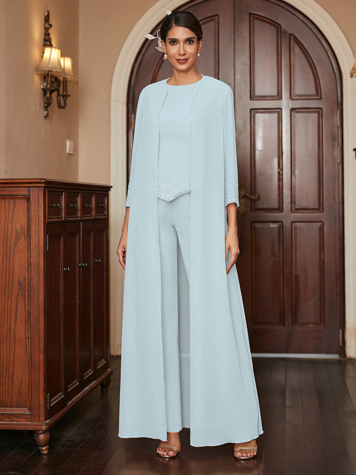Chiffon Scoop 3/4 Sleeves 3 Pieces Pantsuits with Sequins &amp; Jacket