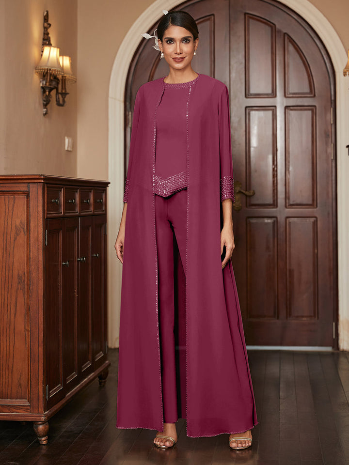 Chiffon Scoop 3/4 Sleeves 3 Pieces Pantsuits with Sequins &amp; Jacket