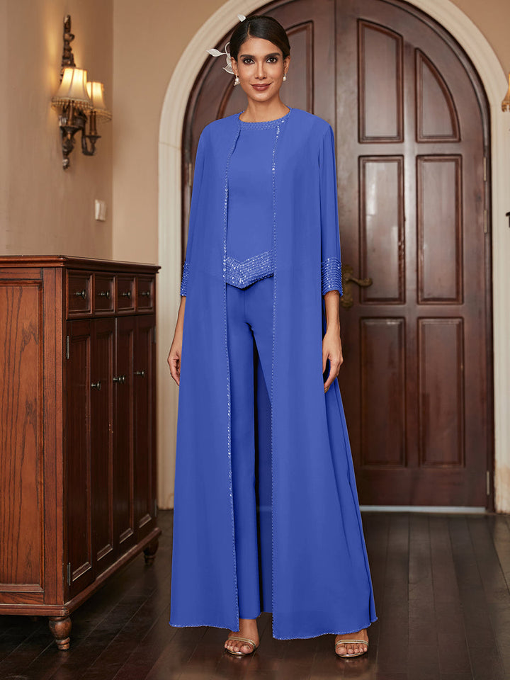 Chiffon Scoop 3/4 Sleeves 3 Pieces Pantsuits with Sequins &amp; Jacket