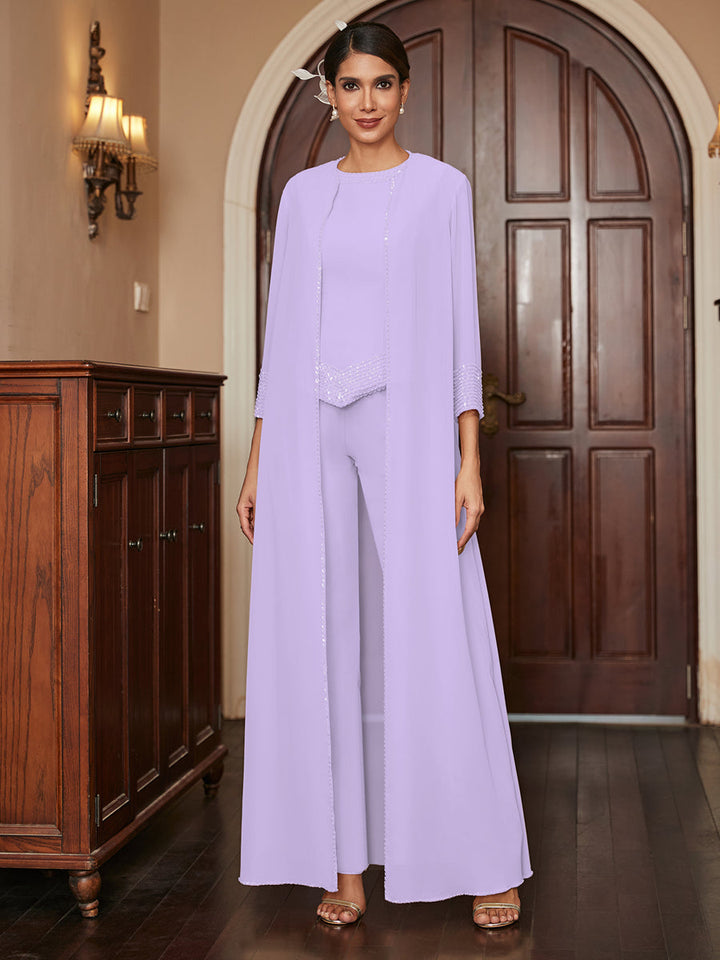 Chiffon Scoop 3/4 Sleeves 3 Pieces Pantsuits with Sequins &amp; Jacket