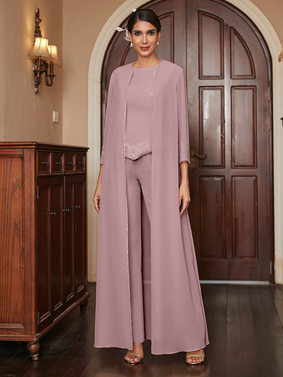 Chiffon Scoop 3/4 Sleeves 3 Pieces Pantsuits with Sequins &amp; Jacket