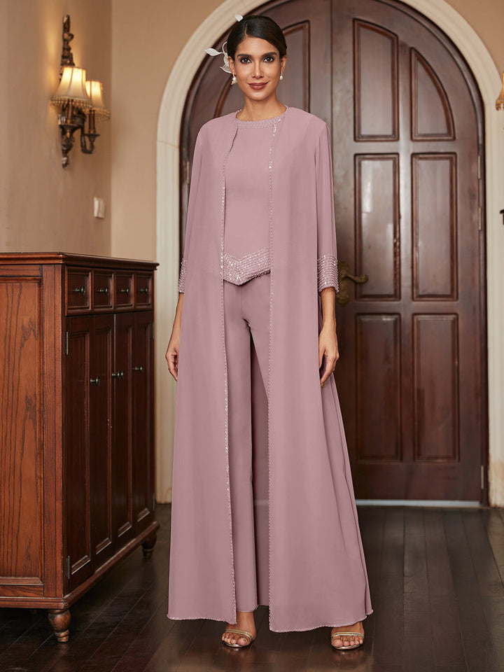 Chiffon Scoop 3/4 Sleeves 3 Pieces Pantsuits with Sequins &amp; Jacket