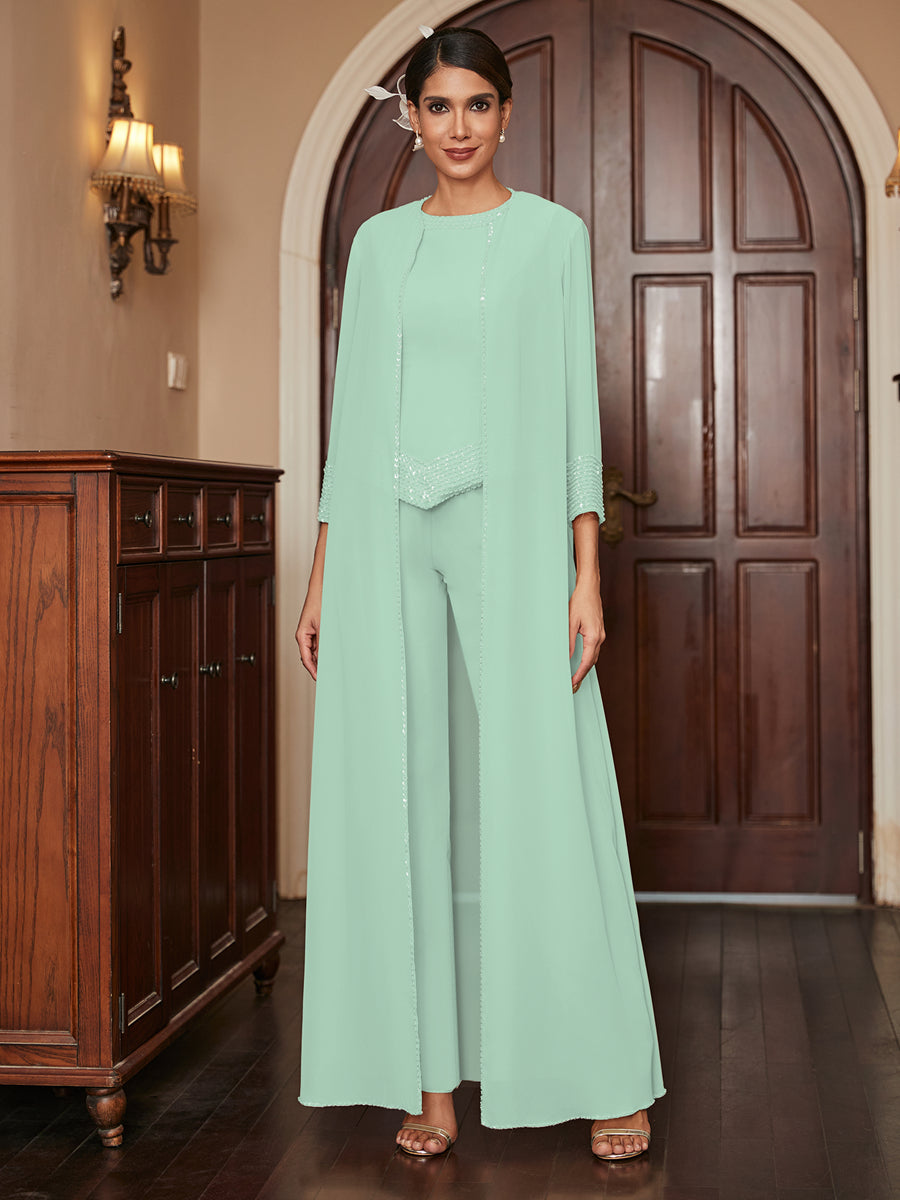 Chiffon Scoop 3/4 Sleeves 3 Pieces Pantsuits with Sequins &amp; Jacket